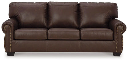Colleton Dark Brown leather sofa, stationary three-seat with rolled arms and nailhead trim on Tampa Home & Garden Store