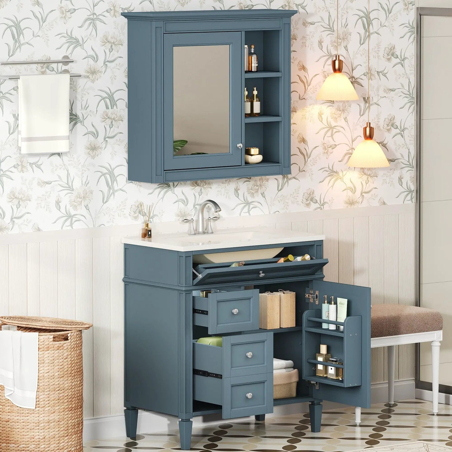 Blue bathroom vanity with medicine cabinet, 2 soft-closing doors & 4 drawers on Tampa Home & Garden Store