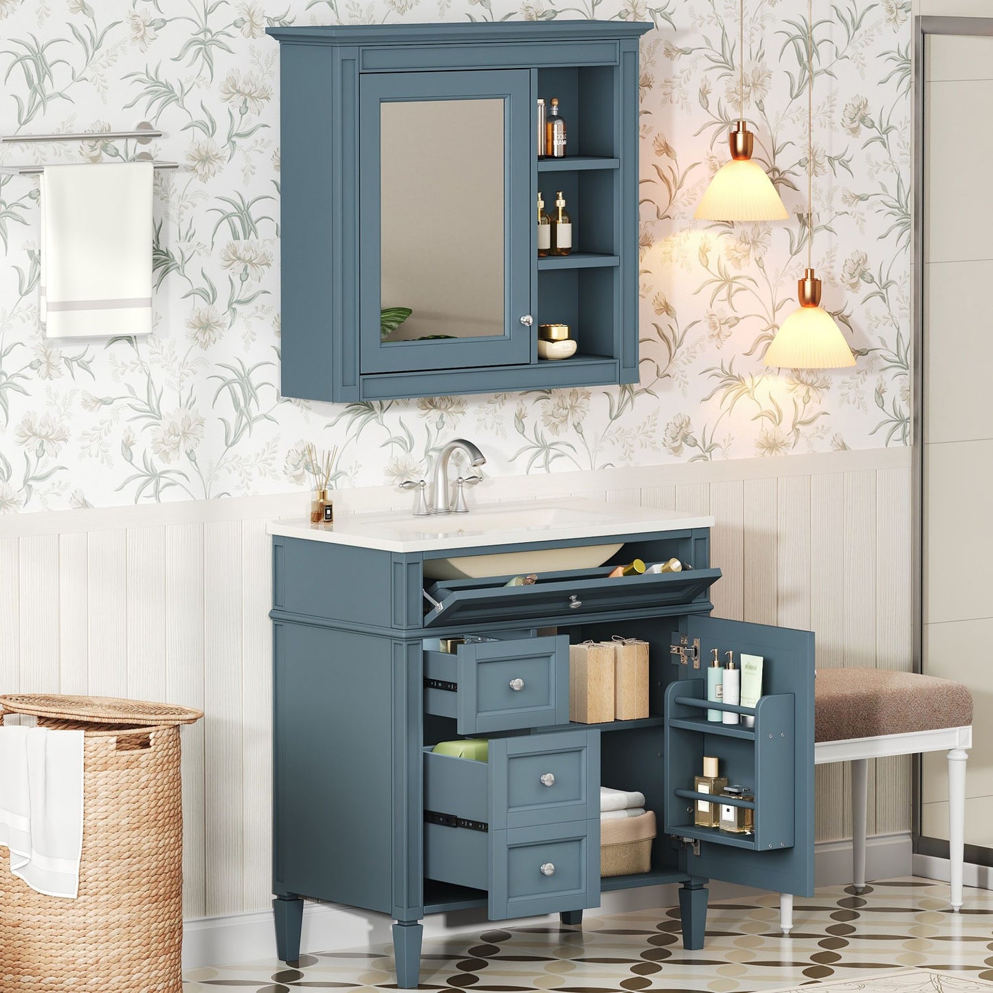 Bathroom vanity with medicine cabinet by HouseOfZazla; blue finish, 2 soft-closing doors and 4 drawers on Tampa Home & Garden Store