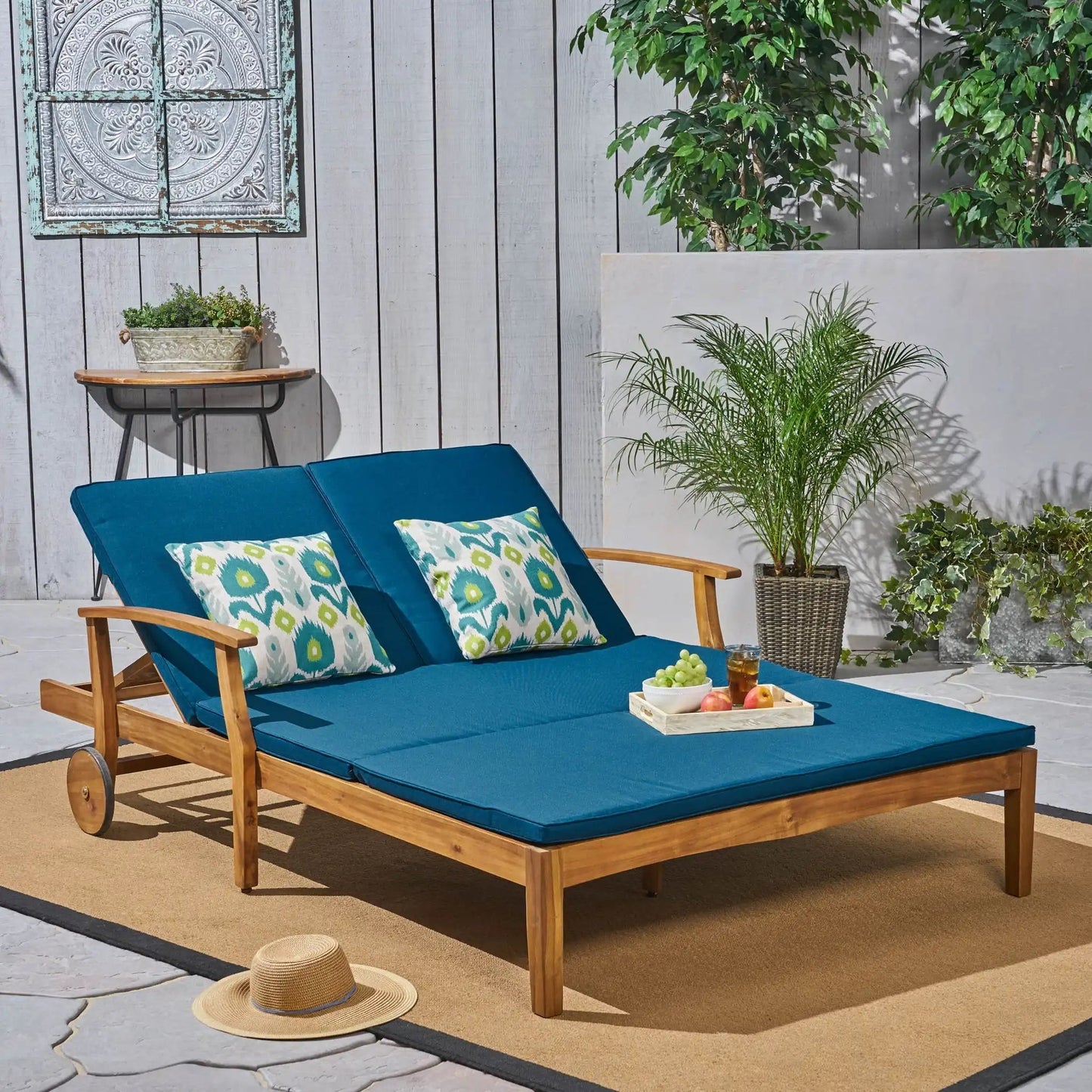 Etherealize outdoor adjustable double chaise lounge with teal cushions wooden sunlounger on Tampa Home & Garden Store