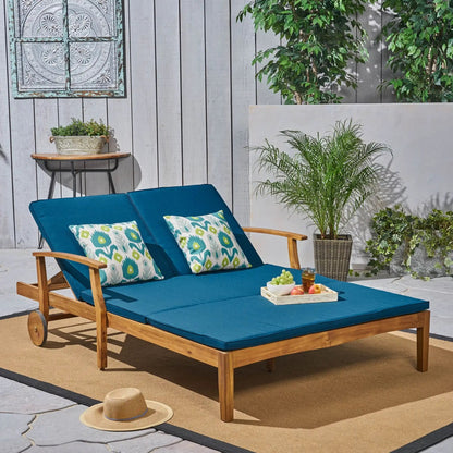 Etherealize outdoor adjustable double chaise lounge with teal cushions wooden sunlounger on Tampa Home & Garden Store