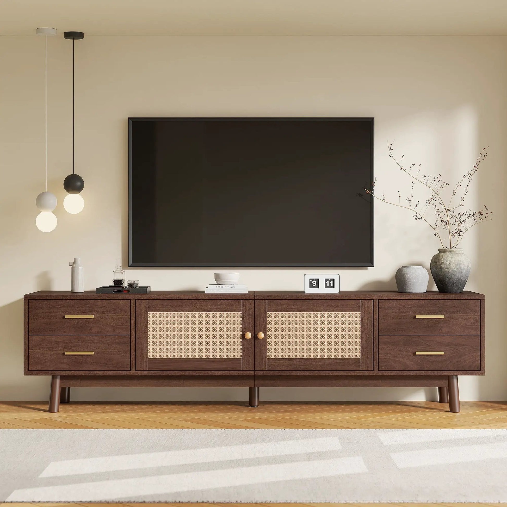 70in TV Stand dark brown with four drawers and cane-panel doors under a wall-mounted TV on Tampa Home & Garden Store