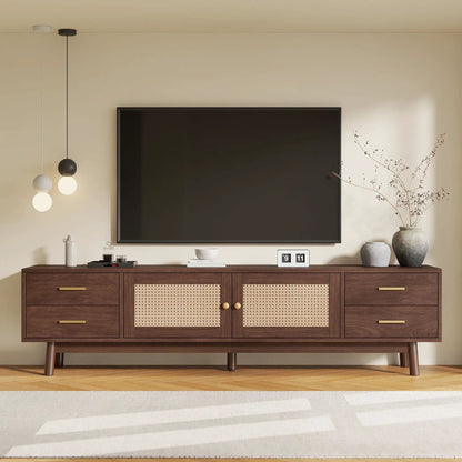 70in TV Stand dark brown with four drawers and cane-panel doors under a wall-mounted TV on Tampa Home & Garden Store