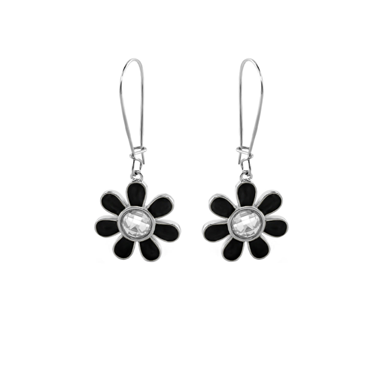 Moon Flower Earrings by Lauren G Adams, black enamel petal daisies with crystal center, 2 daisies on Tampa Home & Garden Store