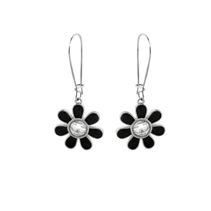 Moon Flower Earrings by Lauren G Adams, black enamel petal daisies with crystal center, 2 daisies on Tampa Home & Garden Store