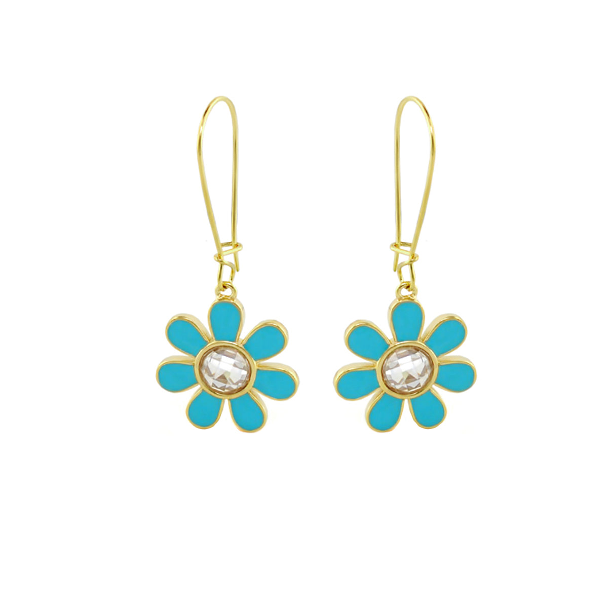 Moon Flower Earrings pair by Lauren G Adams, turquoise daisy petals with gem on gold hooks on Tampa Home & Garden Store