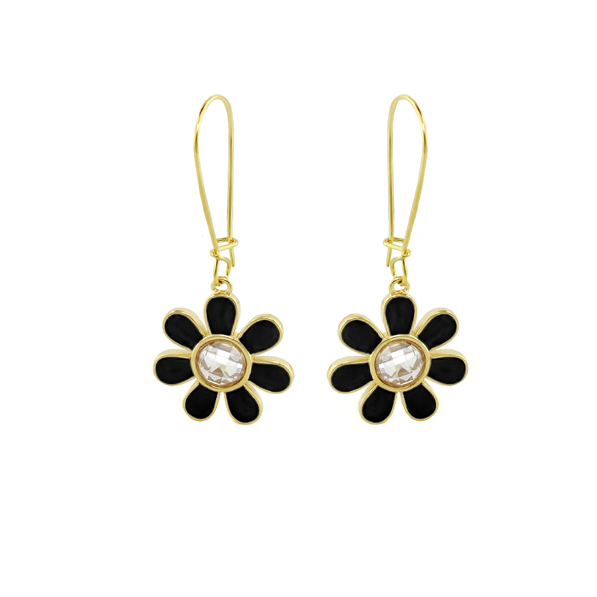 Moon Flower Earrings, Lauren G Adams, gold-tone with black enamel petals and clear crystals on Tampa Home & Garden Store