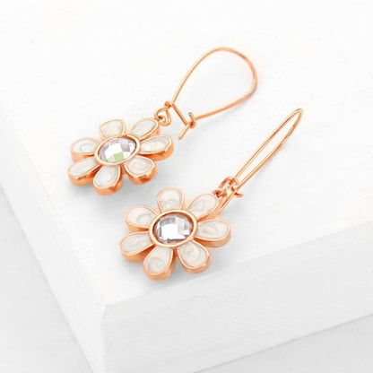 Moon Flower Earrings, Lauren G Adams, rose gold flower drops with petals and clear centers on Tampa Home & Garden Store
