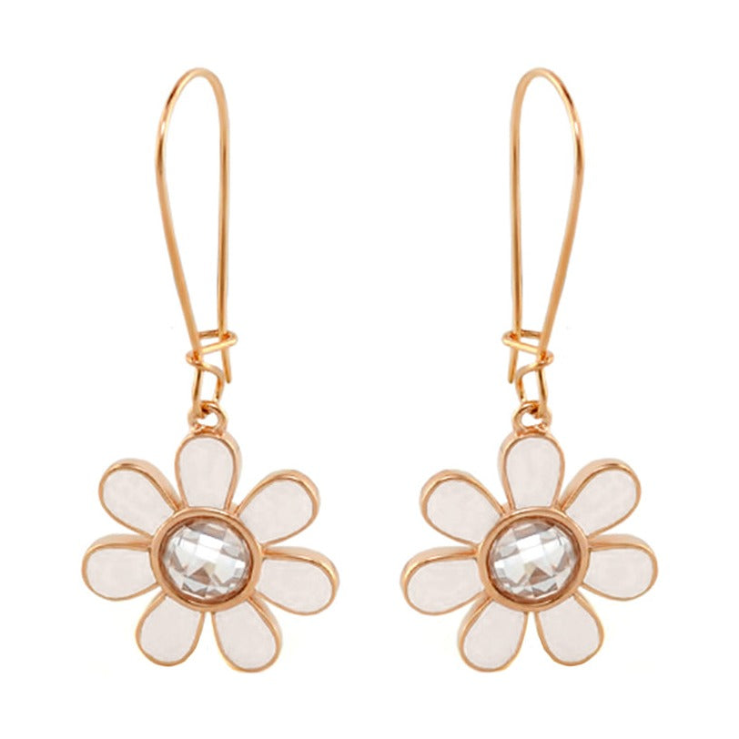 Moon Flower earrings pair in rose gold with white enamel petals and crystal centers on Tampa Home & Garden Store