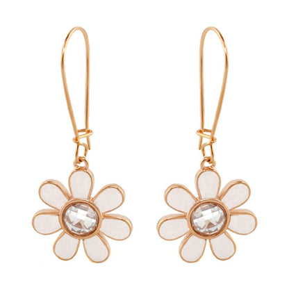 Moon Flower earrings pair in rose gold with white enamel petals and crystal centers on Tampa Home & Garden Store