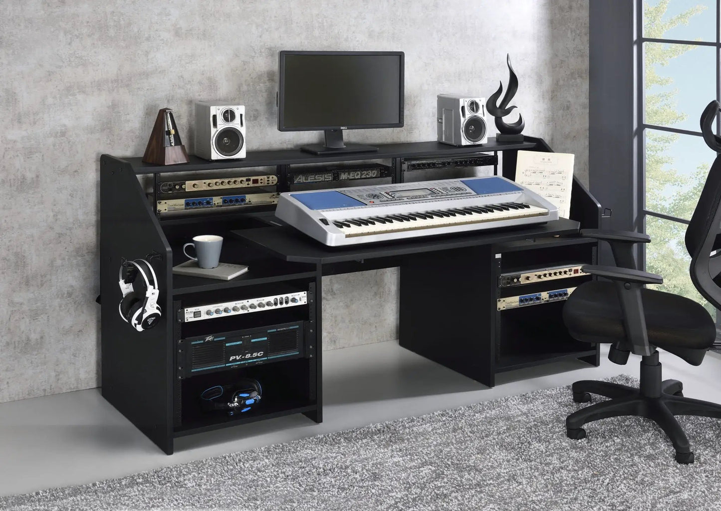 Annette Music Desk Black Wood workstation with keyboard, Dell monitor, two white studio monitors on Tampa Home & Garden Store