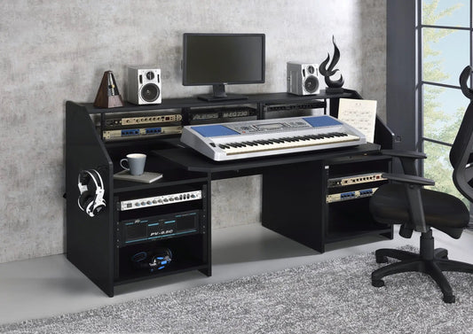 Annette Music Desk Black Wood workstation with keyboard, Dell monitor, two white studio monitors on Tampa Home & Garden Store