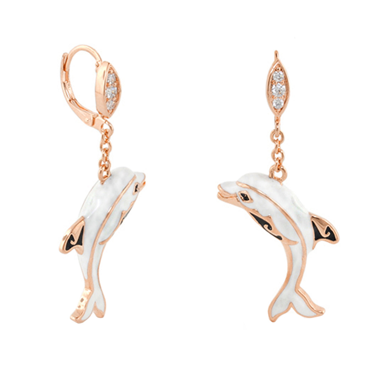 Freedom of the Seas earrings pair by Lauren G Adams, rose-gold dolphin charms with white enamel on Tampa Home & Garden Store