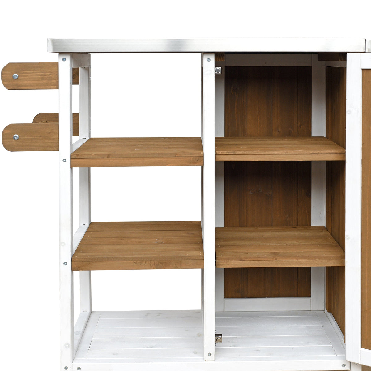 Foldable outdoor kitchen island prep station with white frame and wood shelves HouseOfZazla on Tampa Home & Garden Store
