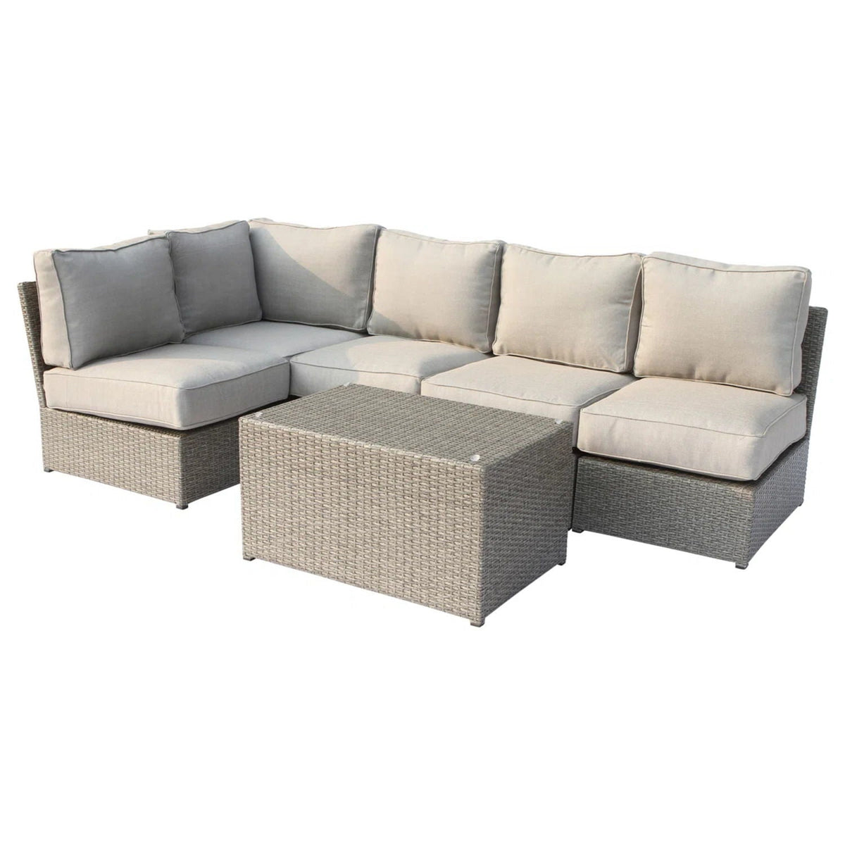 HouseOfZazla modern outdoor rattan sectional with beige and grey cushions, coffee table on Tampa Home & Garden Store