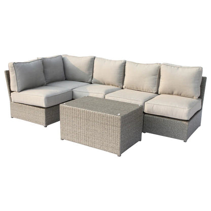 HouseOfZazla modern outdoor rattan sectional with beige and grey cushions, coffee table on Tampa Home & Garden Store