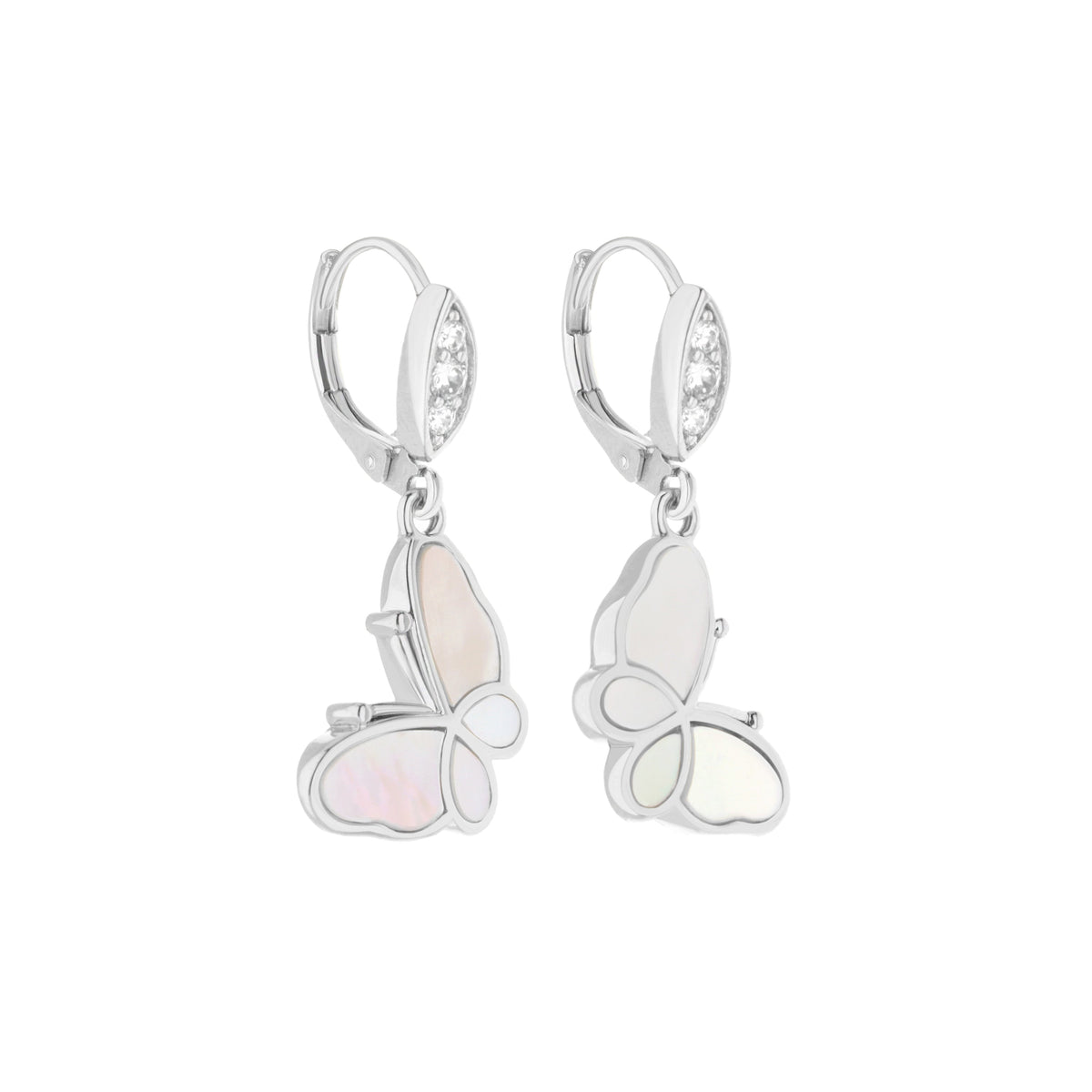 Mariposa lever-back earrings silver with flower drops and iridescent mother-of-pearl petals on Tampa Home & Garden Store
