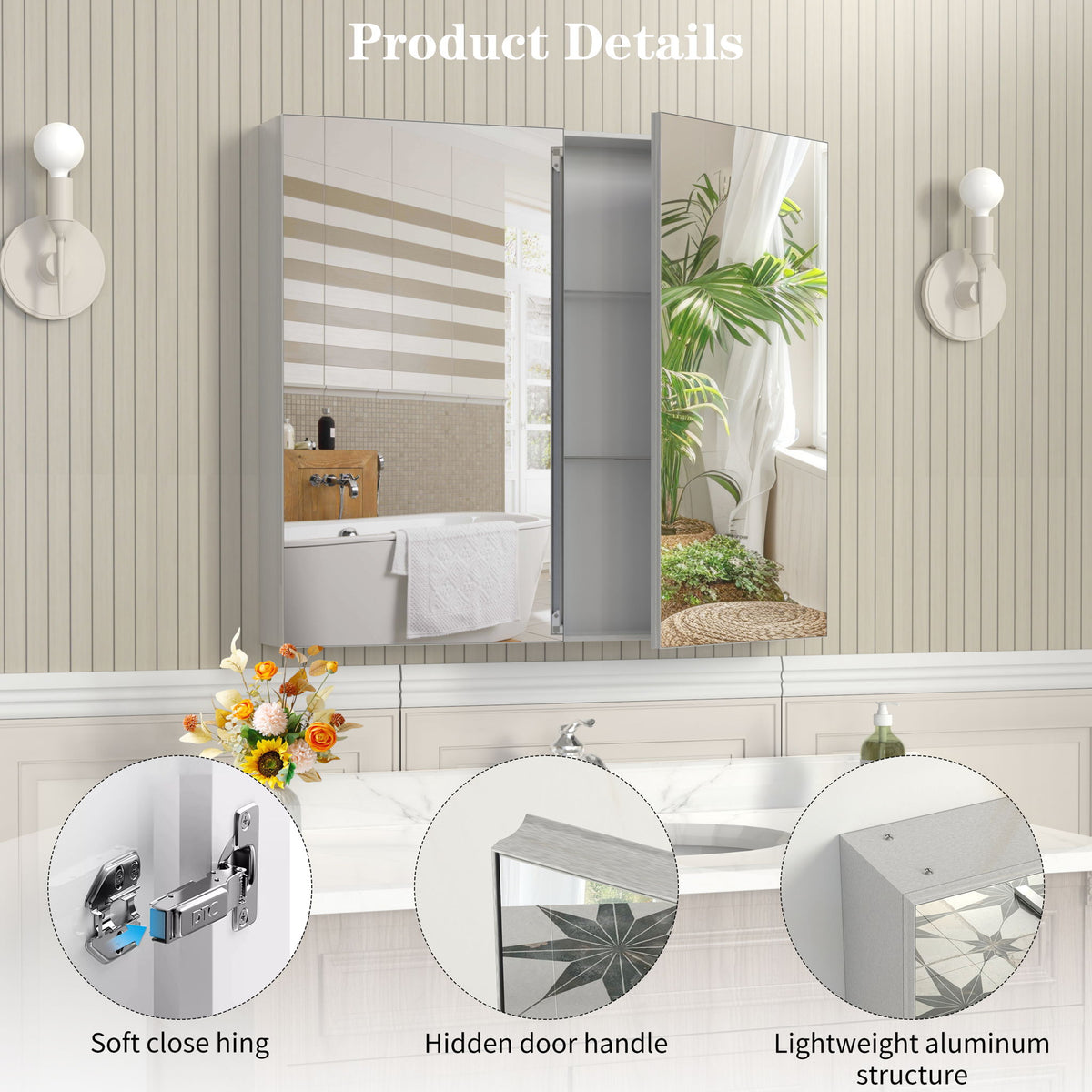 Medicine cabinet, HouseOfZazla, pearl-silver metal mirrored doors, adjustable shelves on Tampa Home & Garden Store