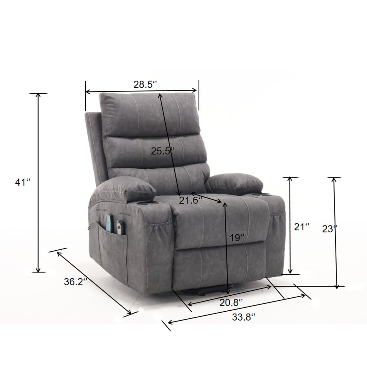 Large gray HouseOfZazla lift recliner chair with massage and heat, power lift, side pockets on Tampa Home & Garden Store