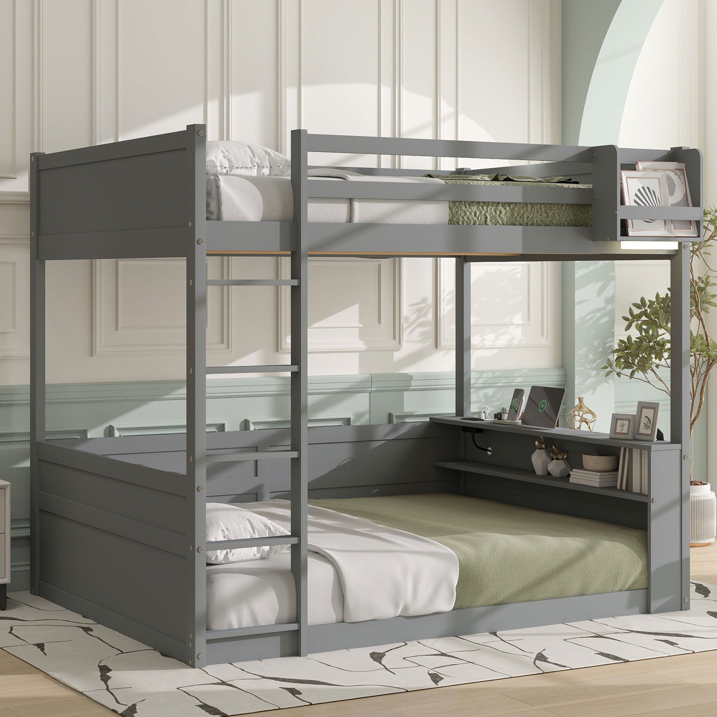 HouseOfZazla gray bunk bed with built-in shelves, storage box, LED light and USB charging; 2 beds on Tampa Home & Garden Store