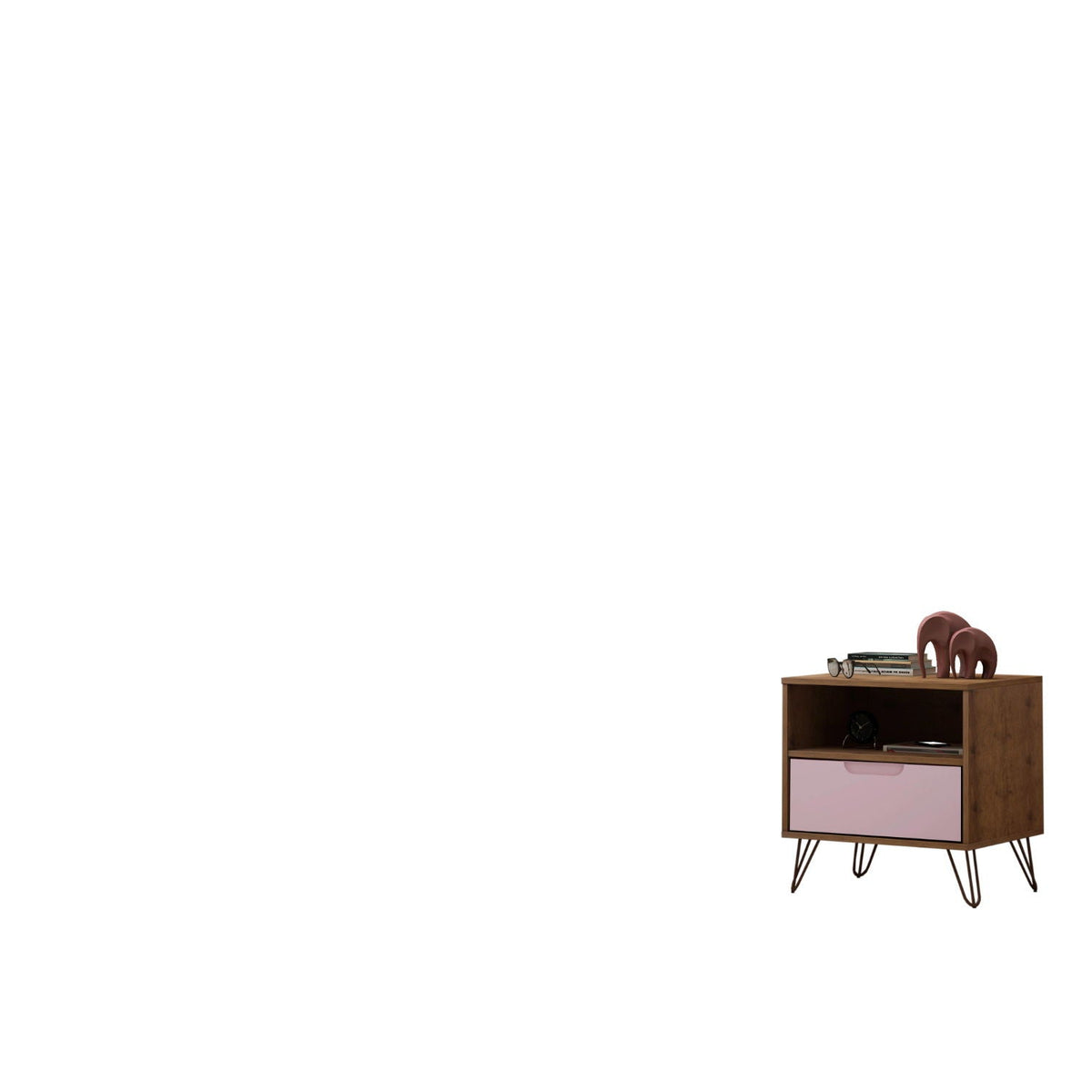Rockefeller Nightstand with 1 Drawer, splayed legs, walnut finish, pink front, HouseOfZazla on Tampa Home & Garden Store