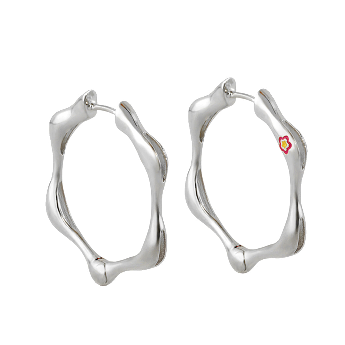 Socialite Earrings by Lauren G Adams, pair of silver hoops with organic curves, flower logo on Tampa Home & Garden Store
