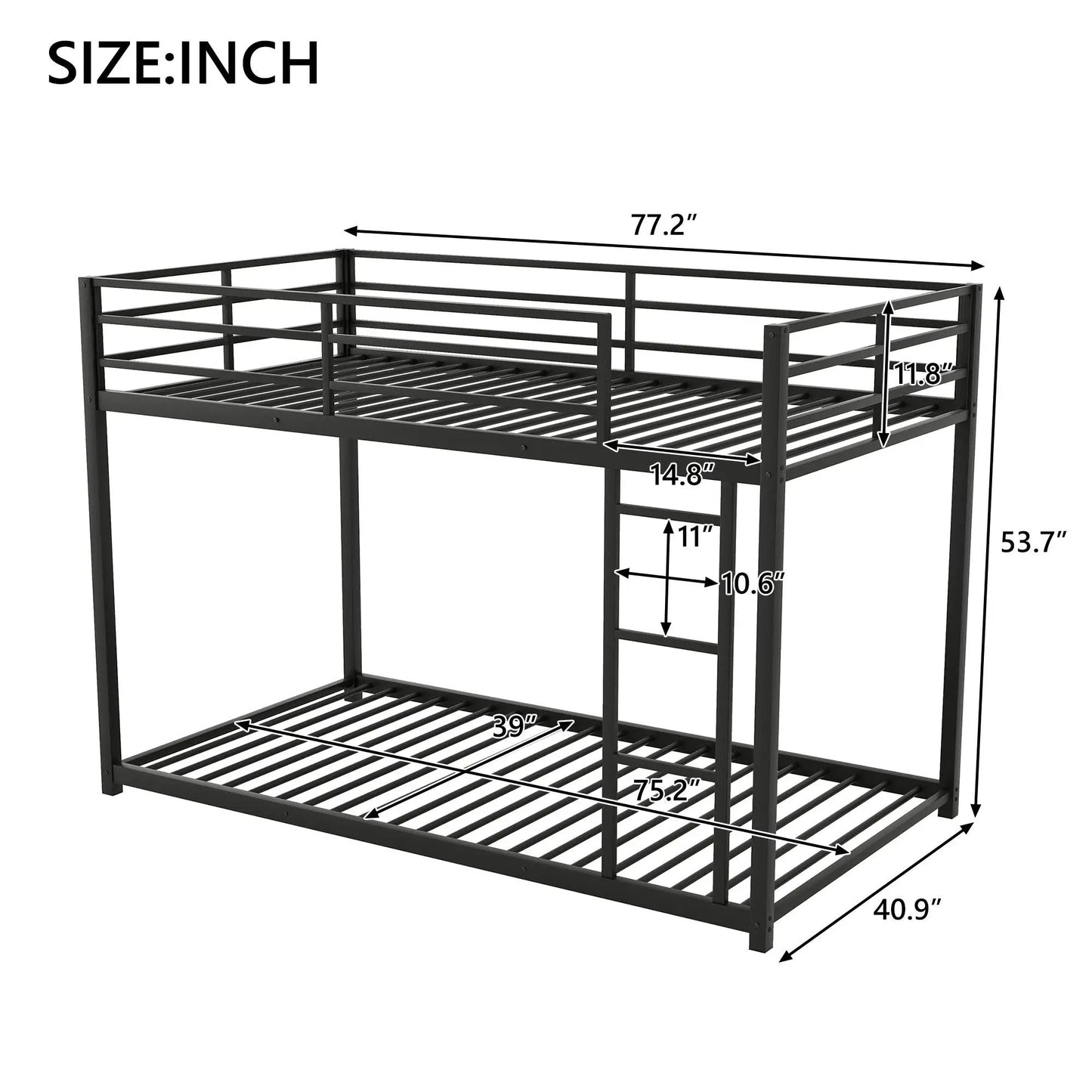 Metal bunk bed frame with ladder, black finish, low bunk design, guard rails, slat supports on Tampa Home & Garden Store