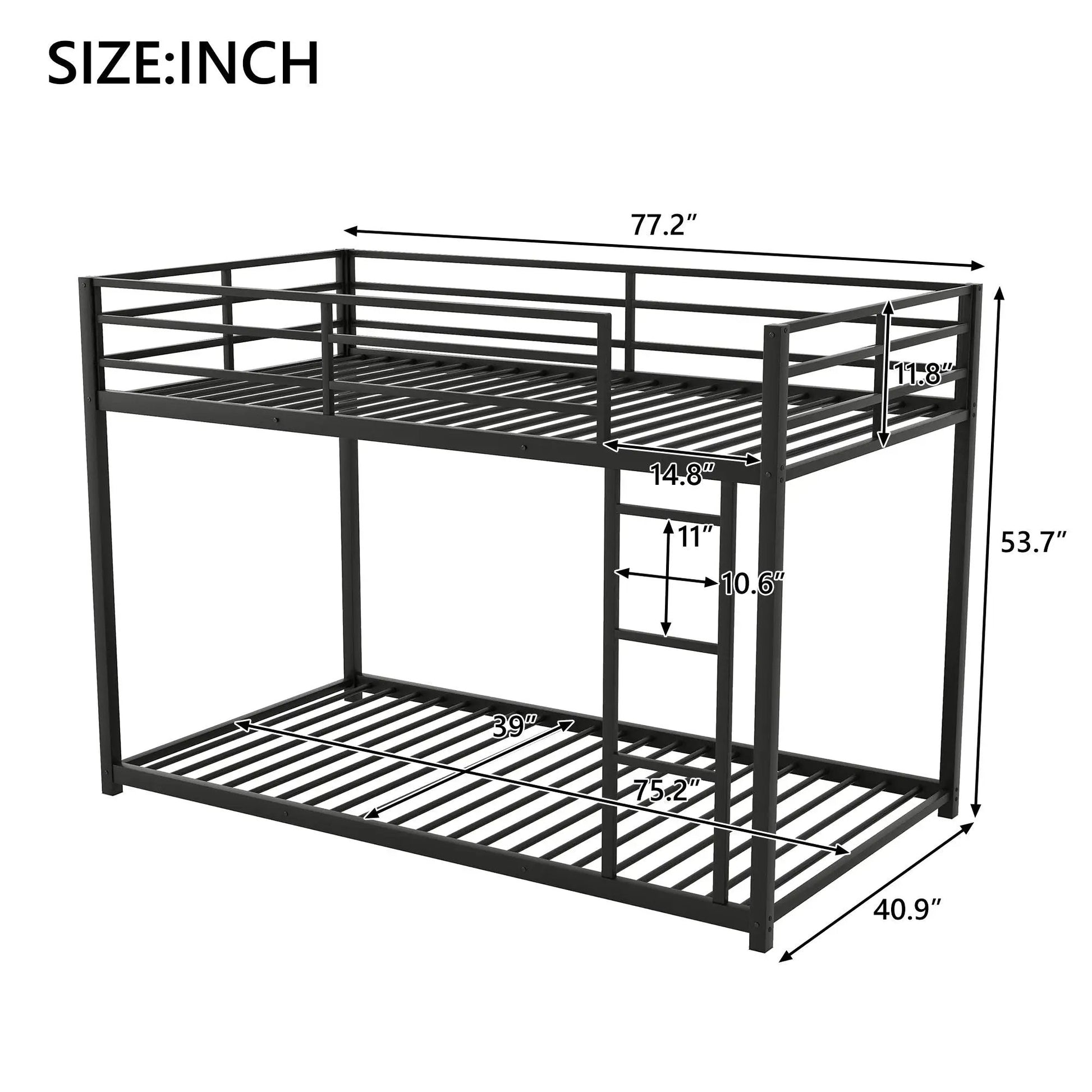Metal bunk bed frame with ladder, black finish, low bunk design, guard rails, slat supports on Tampa Home & Garden Store