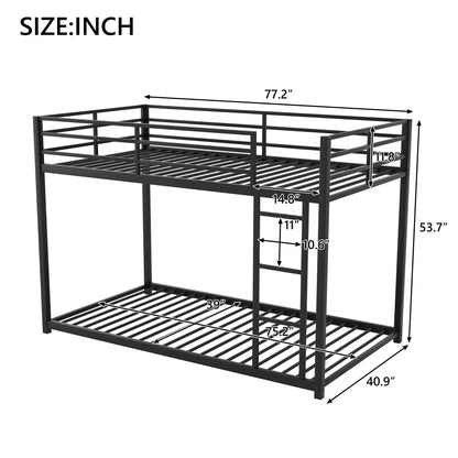 Metal bunk bed frame with ladder, black finish, low bunk design, guard rails, slat supports on Tampa Home & Garden Store
