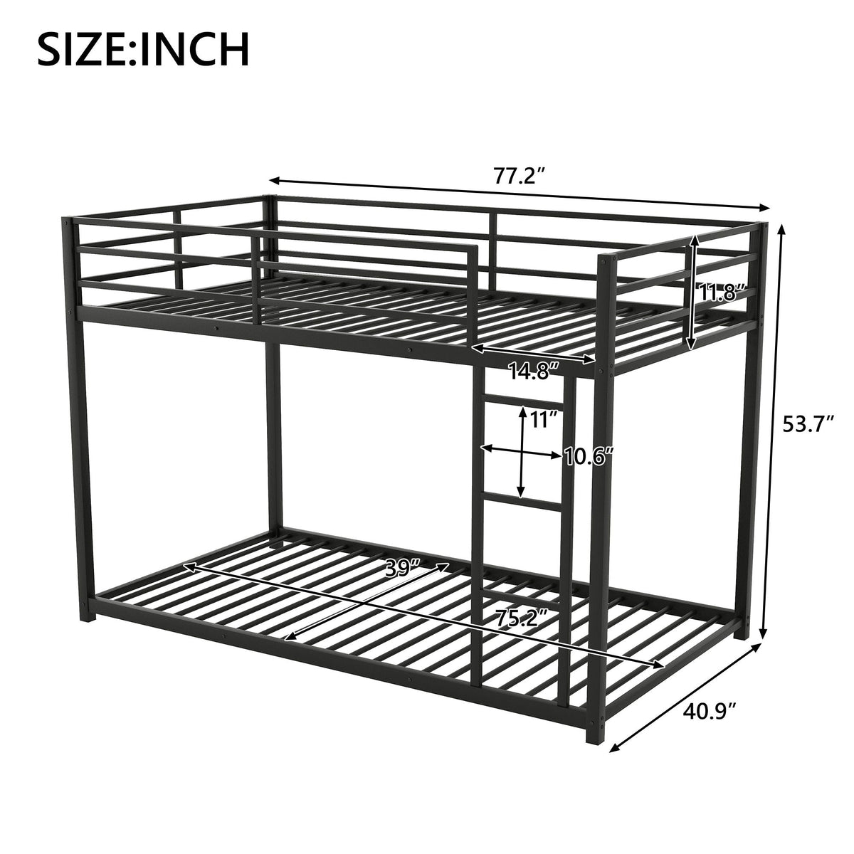 Metal bunk bed frame, black finish, low bunk with ladder by HouseOfZazla on Tampa Home & Garden Store
