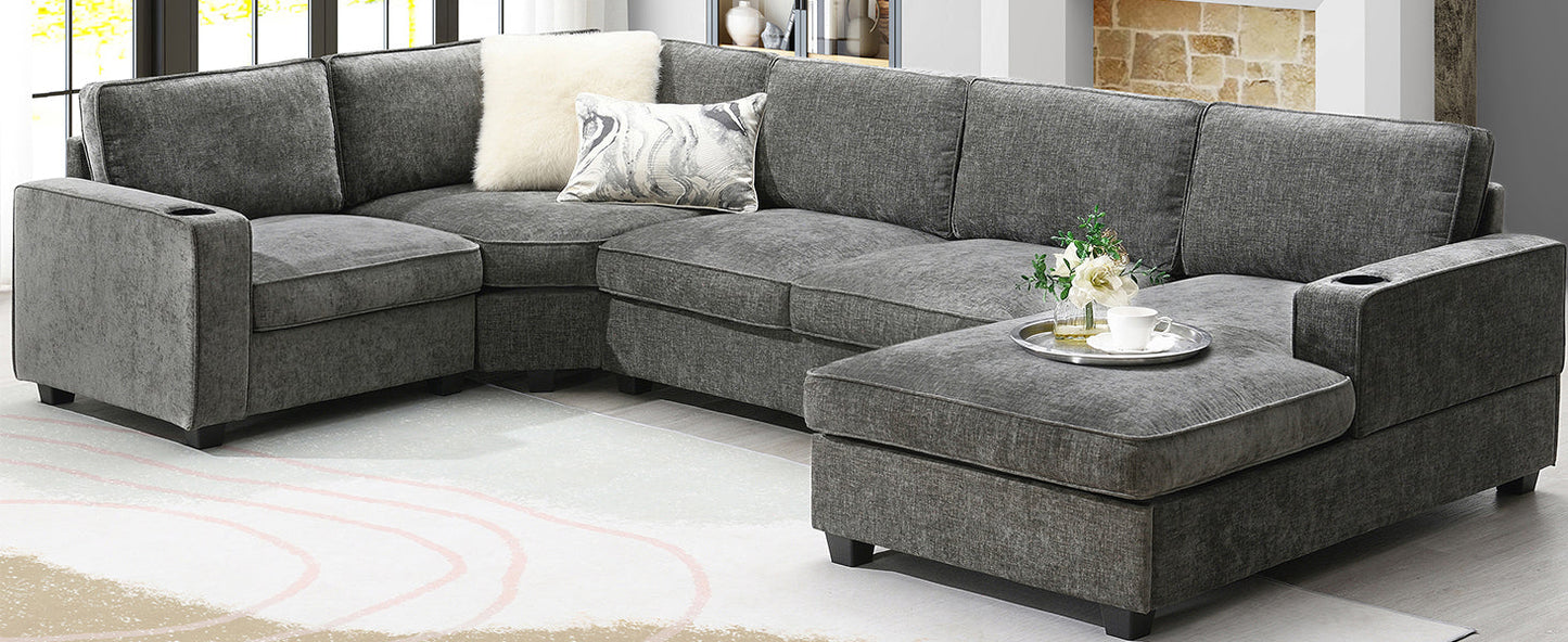 117.5-inch U-Shaped Sectional Sofa in gray fabric with chaise and cup holders HouseOfZazla on Tampa Home & Garden Store