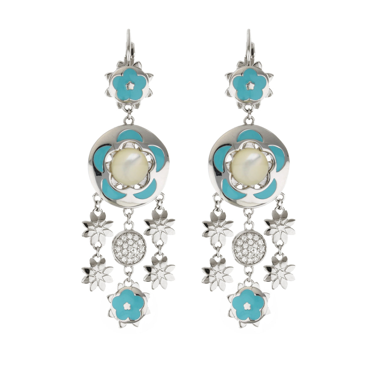 Floral Days earrings by Lauren G Adams with turquoise enamel flowers and silver drop disks on Tampa Home & Garden Store