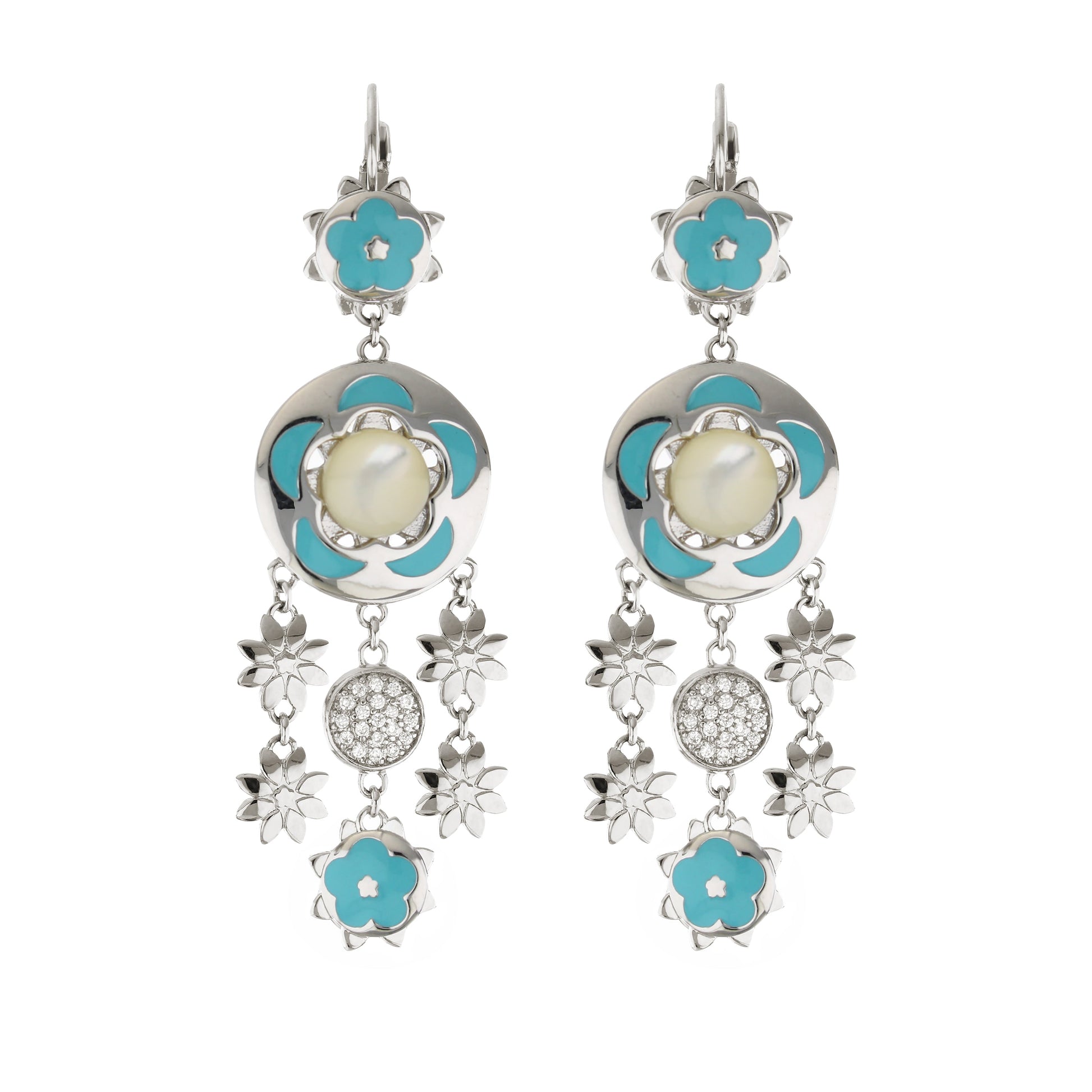 Floral Days earrings by Lauren G Adams with turquoise enamel flowers and silver drop disks on Tampa Home & Garden Store