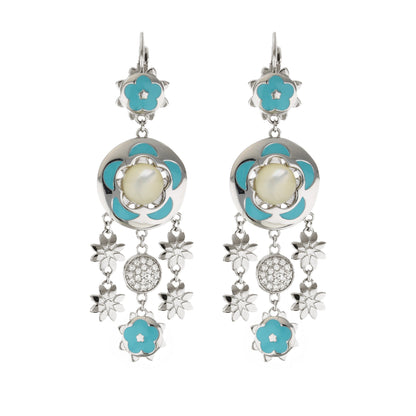 Floral Days earrings by Lauren G Adams with turquoise enamel flowers and silver drop disks on Tampa Home & Garden Store