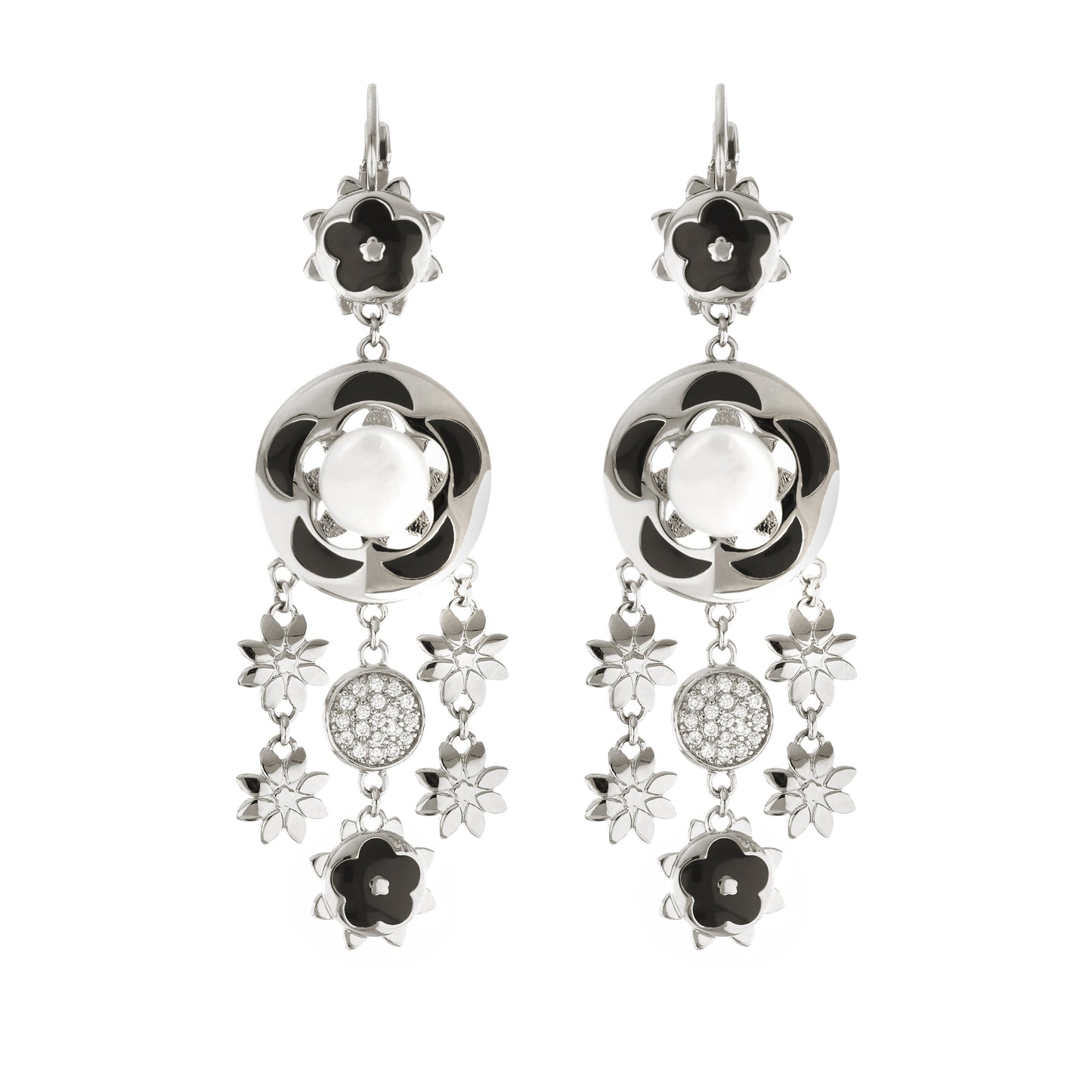 Floral Days earrings by Lauren G Adams, silver floral drop with black enamel petals and pearl on Tampa Home & Garden Store