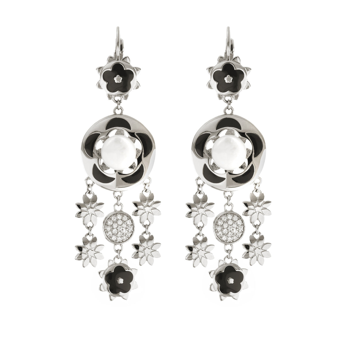 Floral Days earrings by Lauren G Adams, silver floral drop with black enamel petals and pearl on Tampa Home & Garden Store