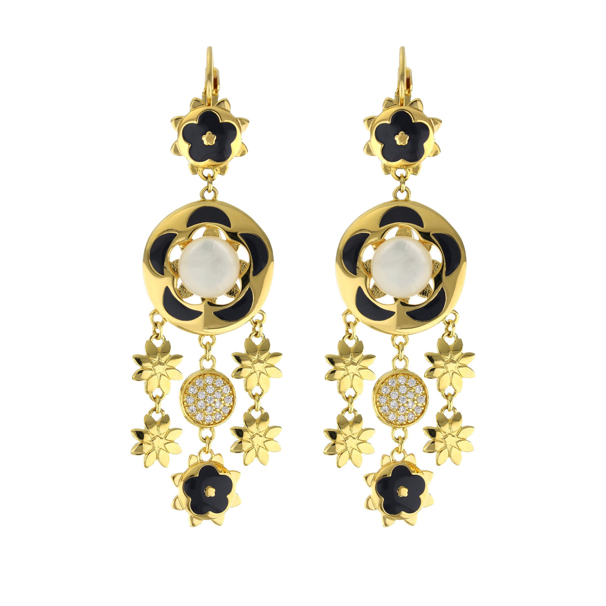 Floral Days Earrings by Lauren G Adams, goldtone drops with black enamel flowers and pearls two on Tampa Home & Garden Store