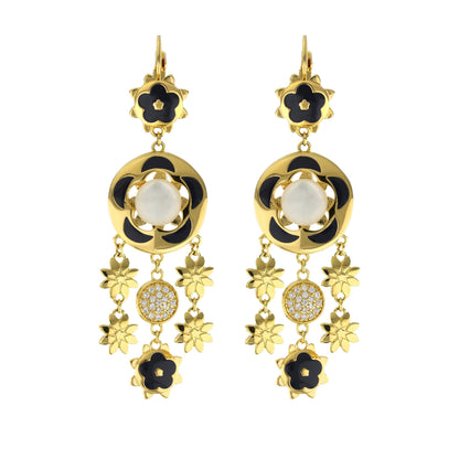 Floral Days Earrings by Lauren G Adams, goldtone drops with black enamel flowers and pearls two on Tampa Home & Garden Store