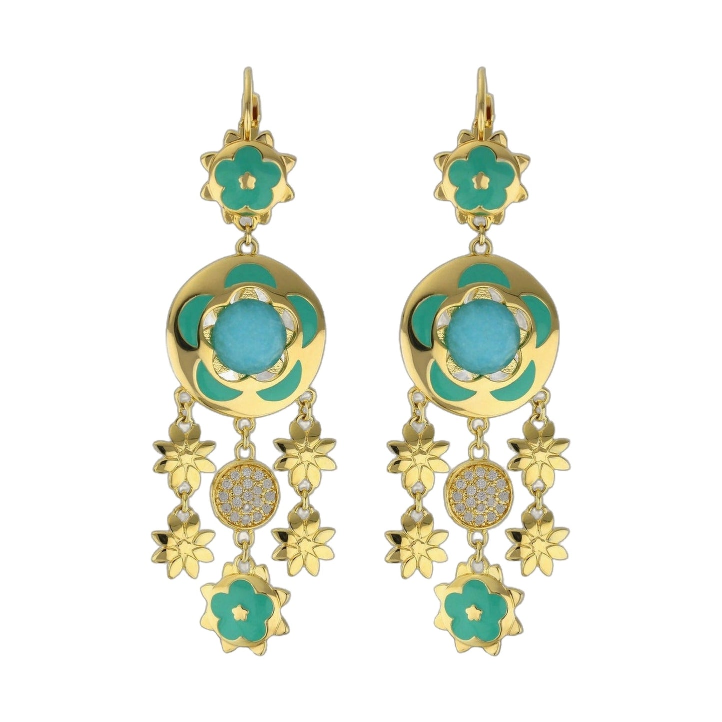 Floral Days Earrings pair by Lauren G Adams, gold-tone with turquoise enamel flowers and drops on Tampa Home & Garden Store