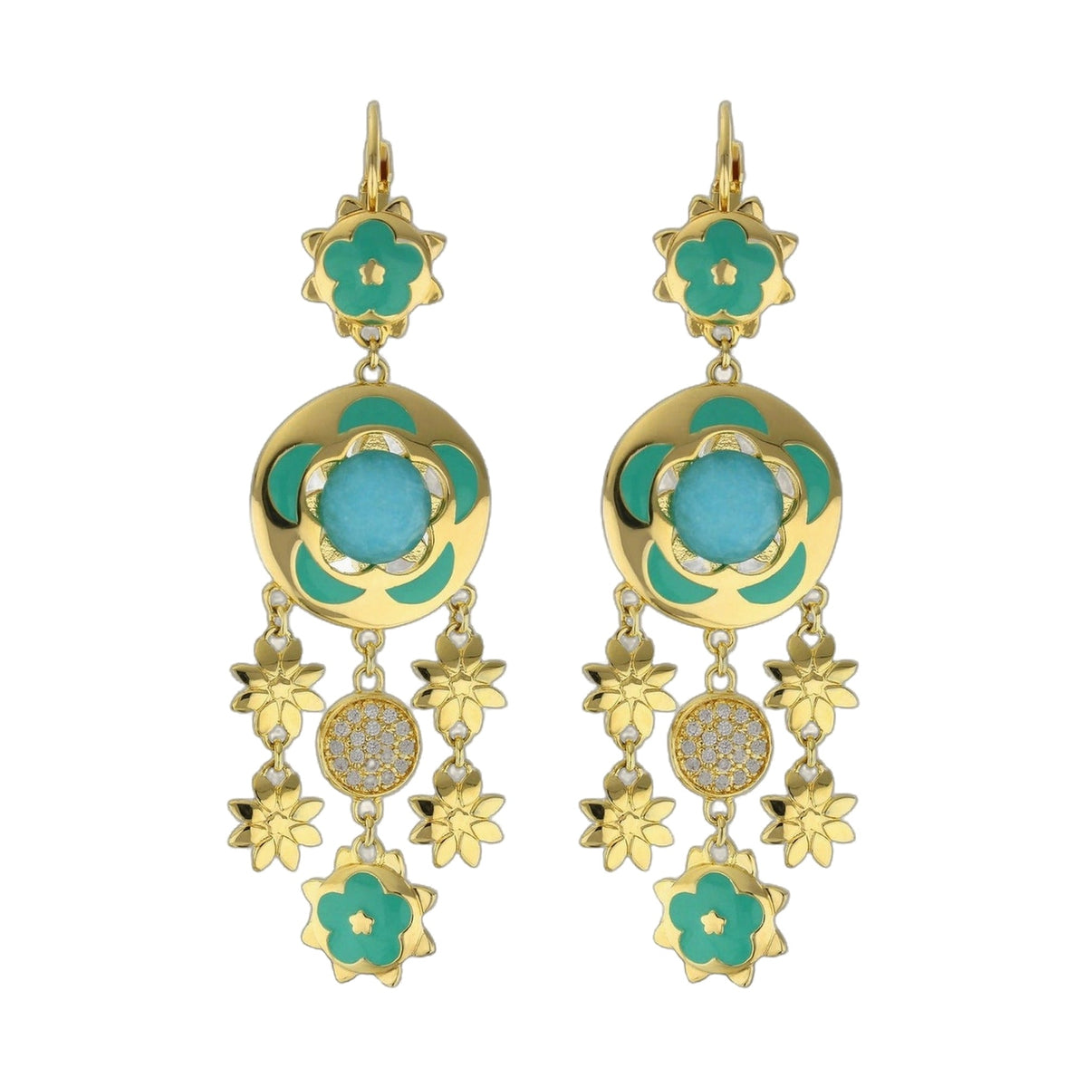 Floral Days Earrings pair by Lauren G Adams, gold-tone with turquoise enamel flowers and drops on Tampa Home & Garden Store