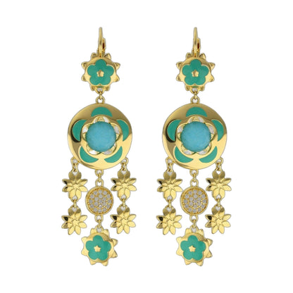 Floral Days Earrings pair by Lauren G Adams, gold-tone with turquoise enamel flowers and drops on Tampa Home & Garden Store