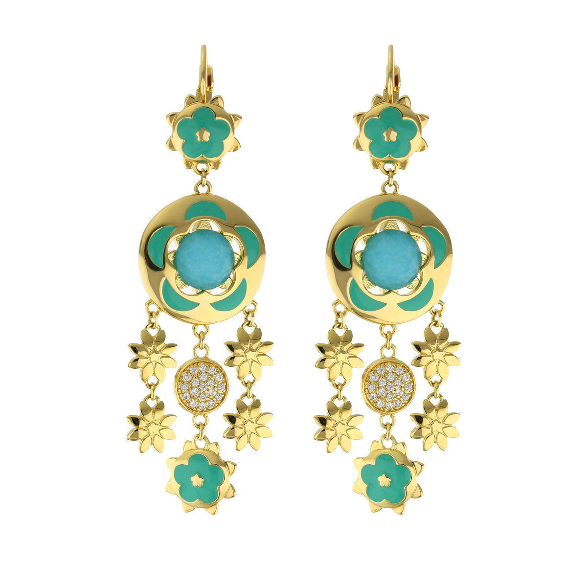 Floral Days Earrings gold-tone drop with turquoise flower accents and turquoise beads on Tampa Home & Garden Store