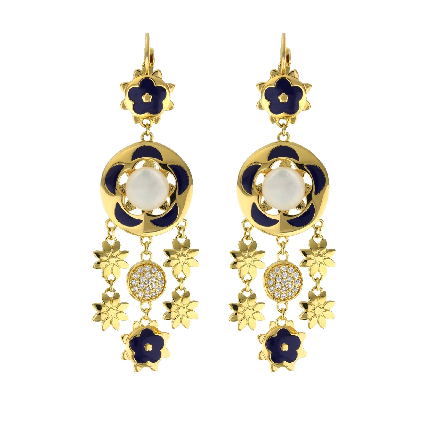 Floral Days Earrings by Lauren G Adams, gold-tone navy enamel flower with pearl drop pair on Tampa Home & Garden Store
