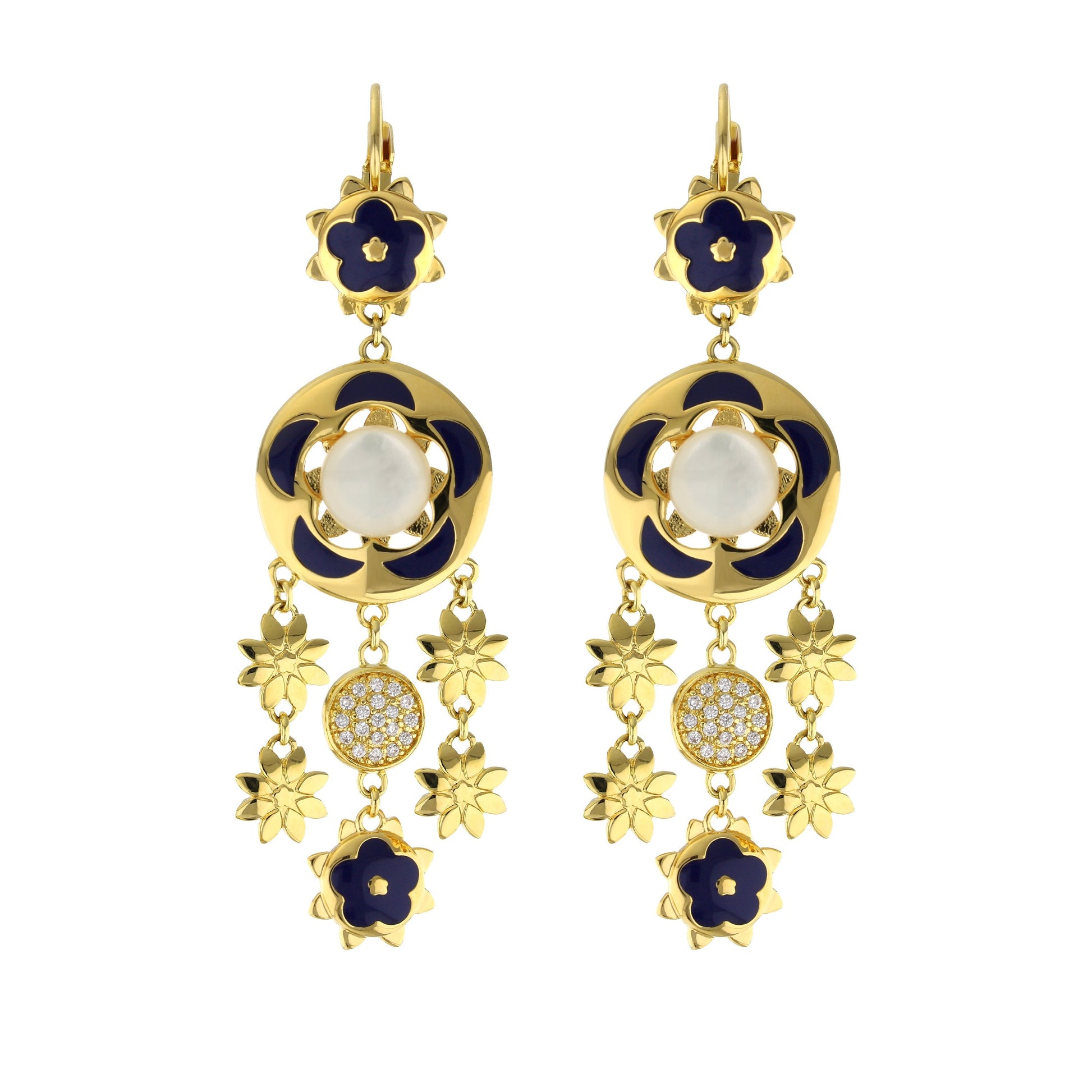 Floral Days Earrings by Lauren G Adams, gold-tone navy enamel flower with pearl drop pair on Tampa Home & Garden Store