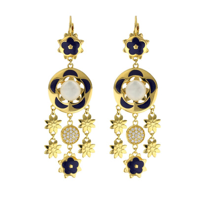 Floral Days Earrings by Lauren G Adams, gold-tone navy enamel flower with pearl drop pair on Tampa Home & Garden Store