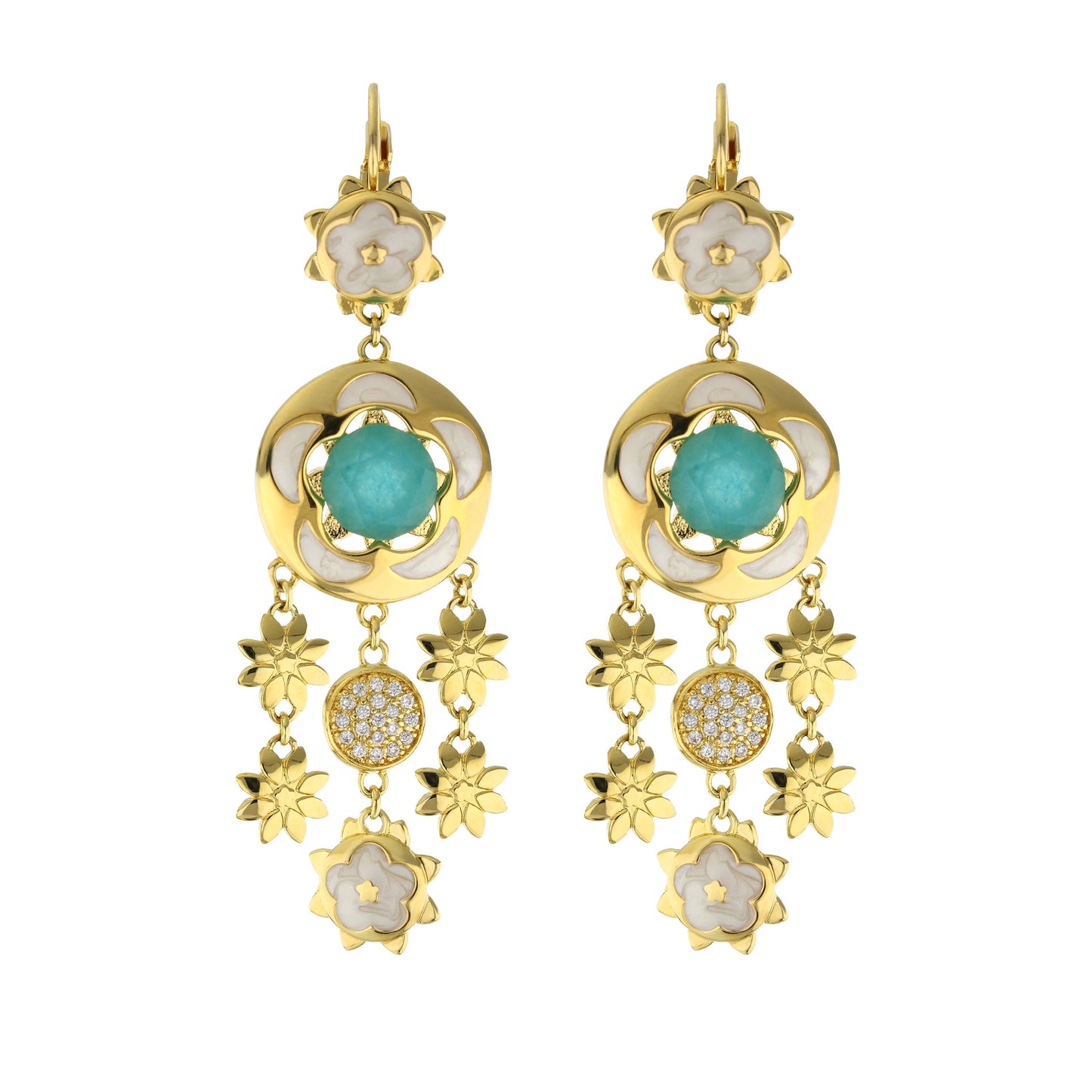 Floral Days Earrings pair gold-tone drops with white enamel flowers and turquoise center on Tampa Home & Garden Store