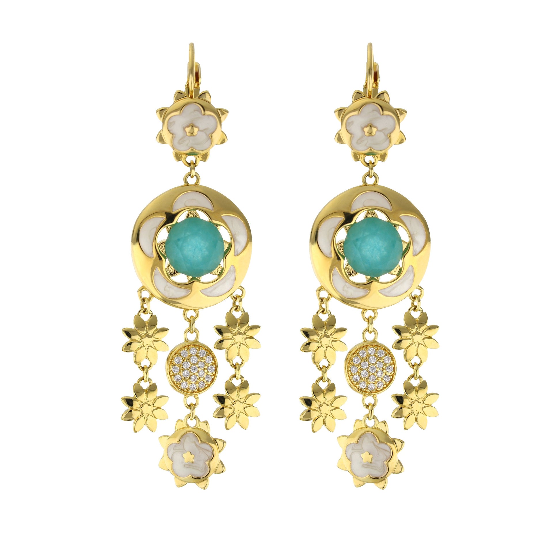 Floral Days Earrings pair gold-tone drops with white enamel flowers and turquoise center on Tampa Home & Garden Store