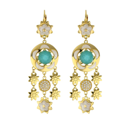 Floral Days Earrings pair gold-tone drops with white enamel flowers and turquoise center on Tampa Home & Garden Store