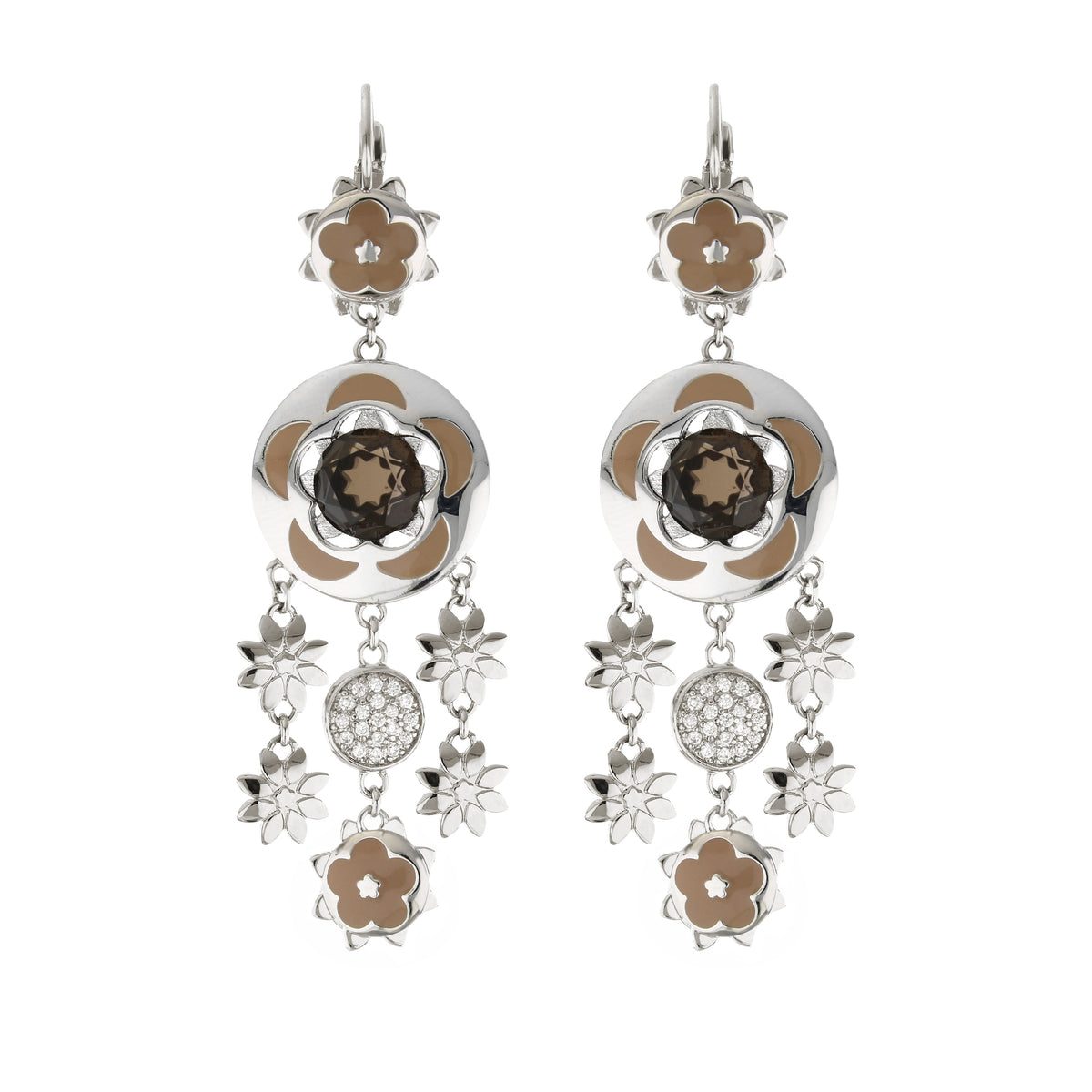 Floral Days earrings silver-tone with brown enamel flower top and pavé crystal discs on Tampa Home & Garden Store