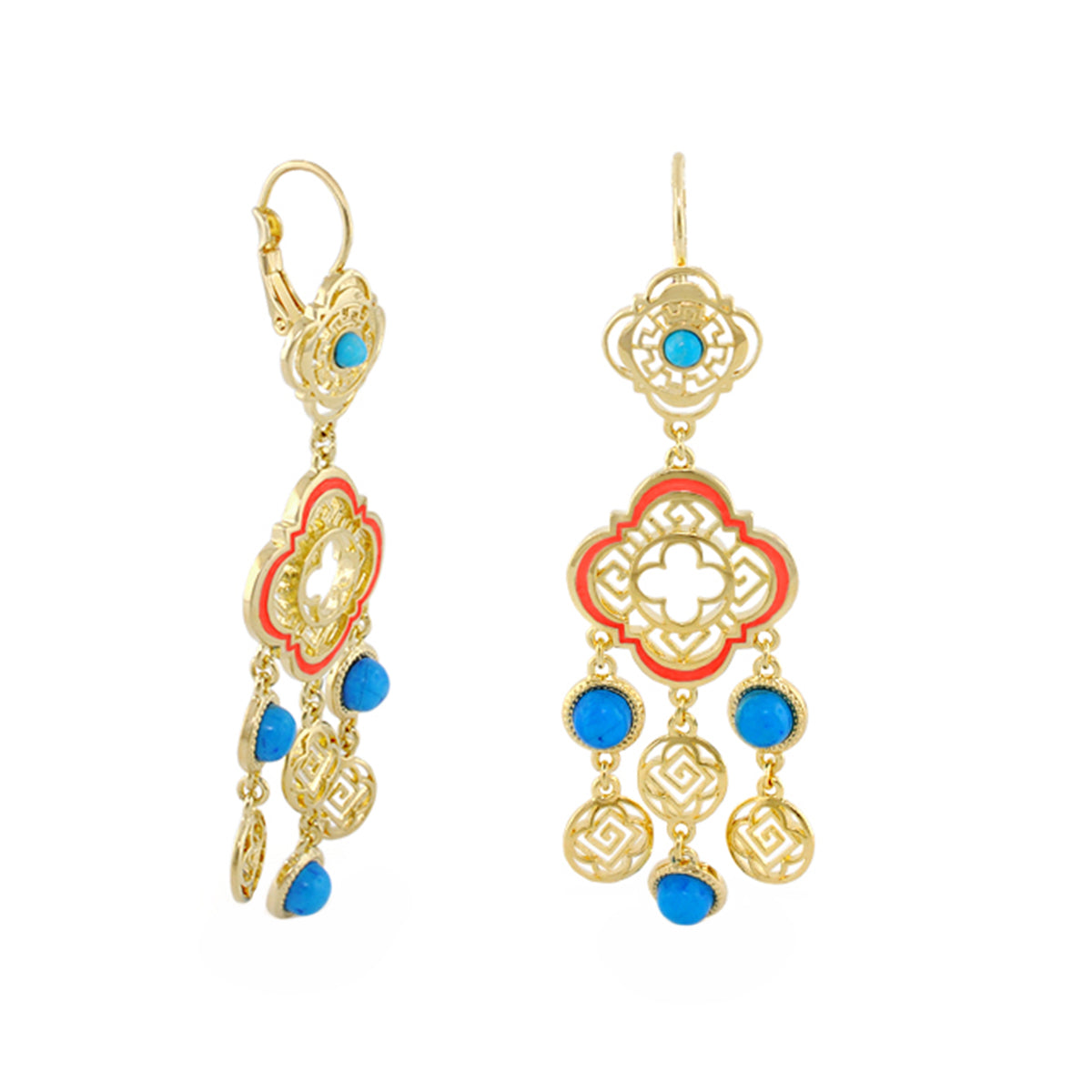 Venetian Dream chandelier earrings Lauren G Adams; goldtone filigree with turq. and red enamel on Tampa Home & Garden Store
